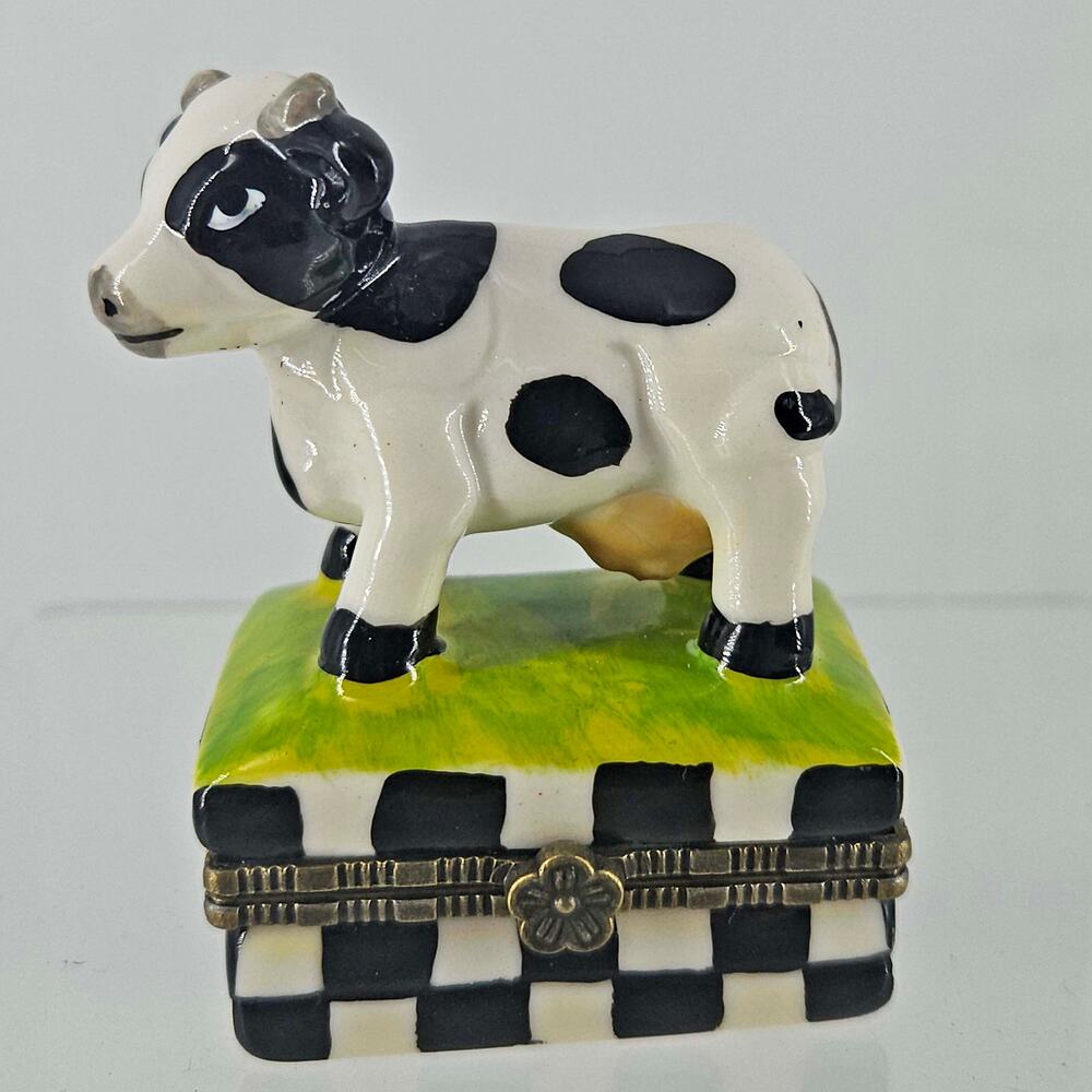 Vintage Ceramic Hand Painted Cow Figurine Trinket Box